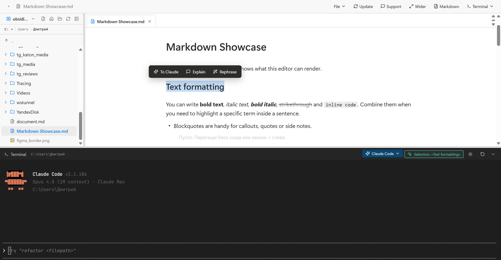 Nib editor: a Markdown document on the left, a Claude Code terminal docked at the bottom, and a To Claude / Explain / Rephrase popup over the selected text