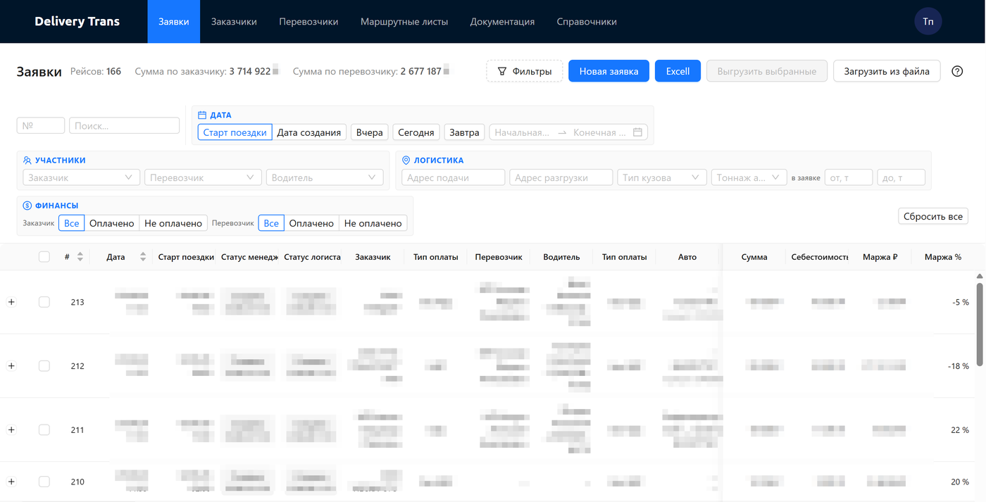 Delivery Trans - shipment table with filters and financial figures