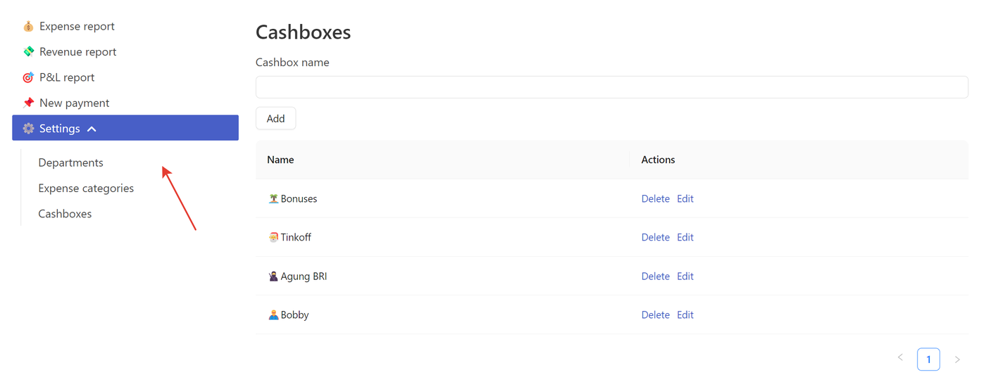 Settings page
