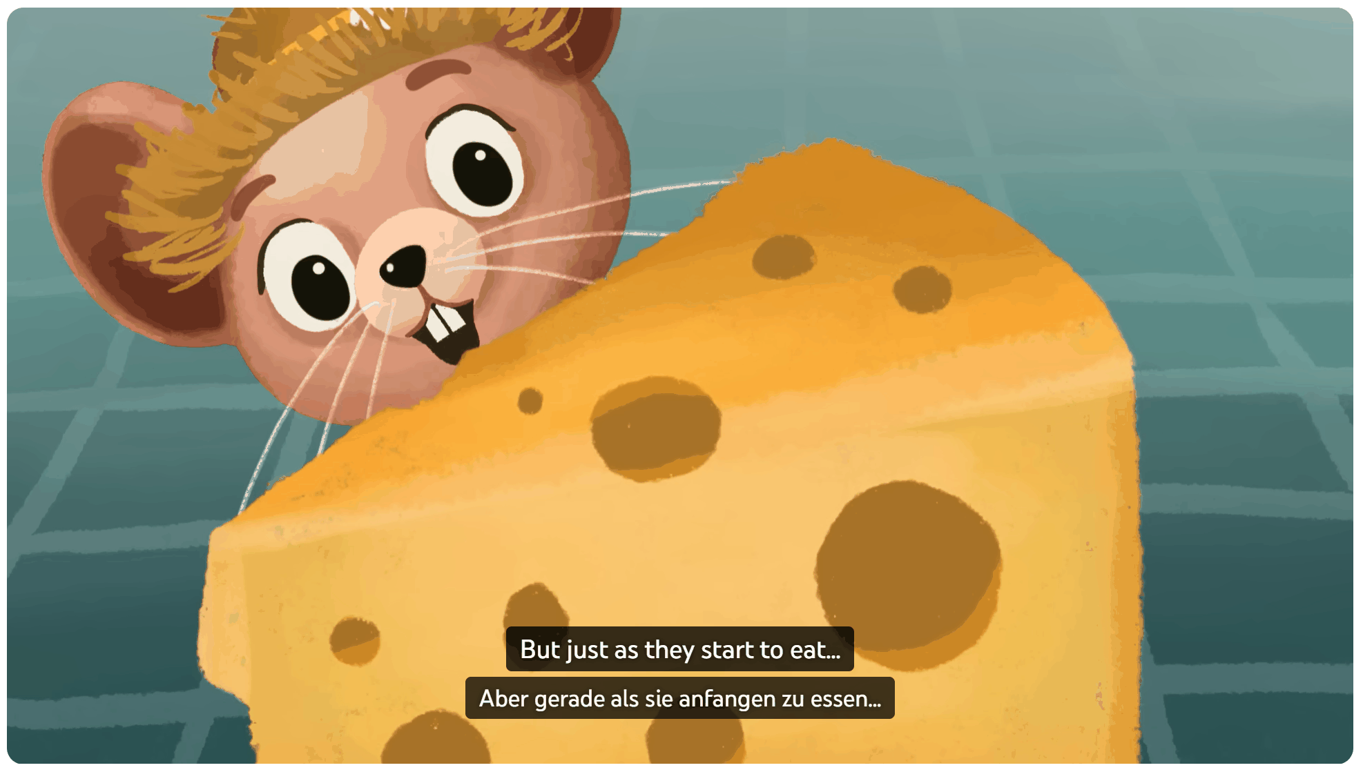 Mouse-and-cheese video with English and German subtitles