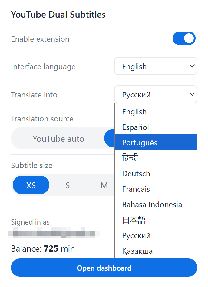 Extension popup: interface language, target language, subtitle size, balance